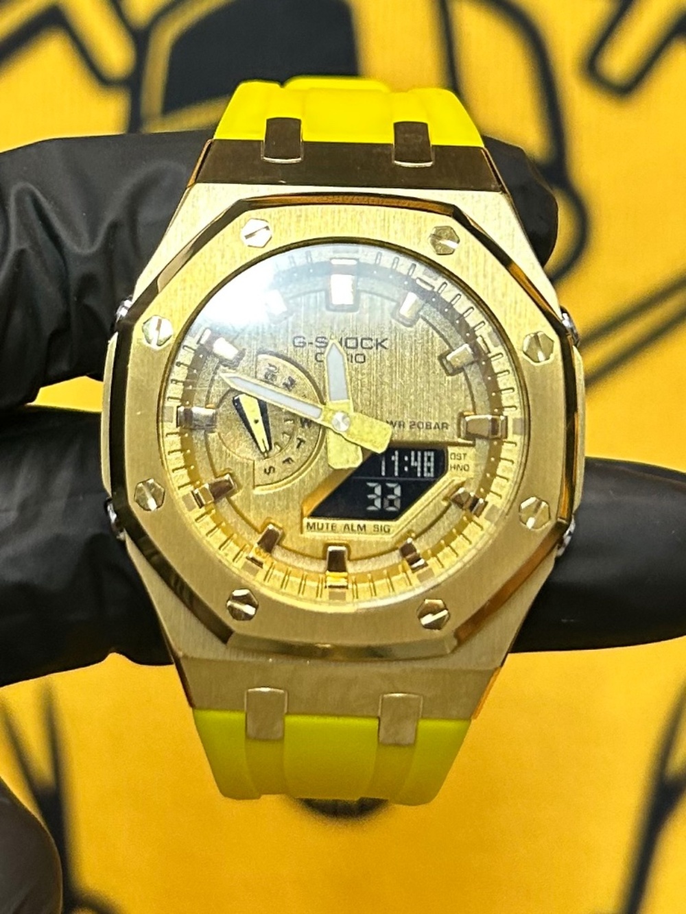 Custom Gold G-Shock Casioak Watch – Neon Yellow Strap